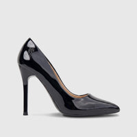 Black patent leather high-heel court shoe with a pointed toe, designed for women, showcasing its sleek and glossy finish.