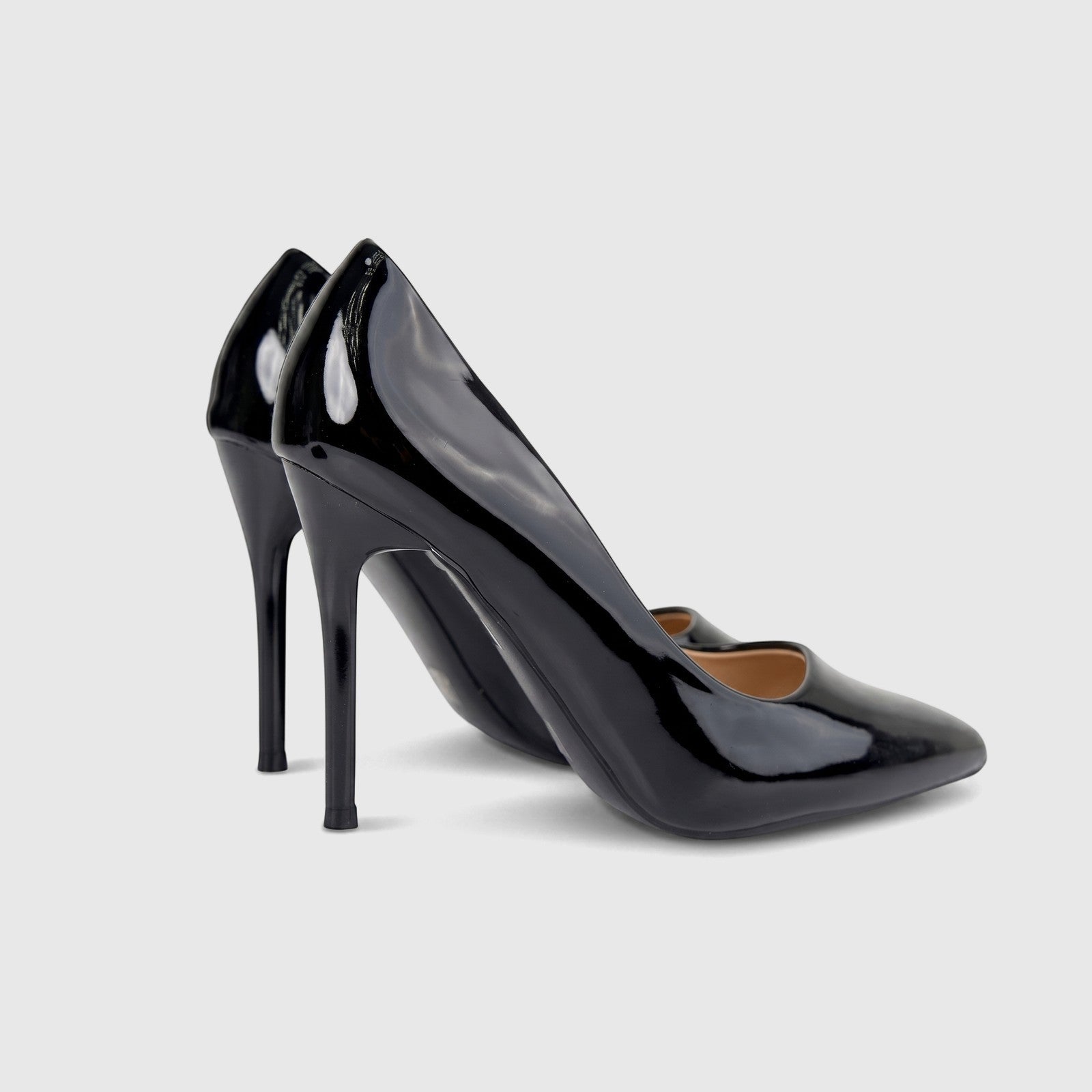 Bulbul Ladies Dress Court Shoe LU030 in black patent leather, featuring pointed toes and high stiletto heels, side view.