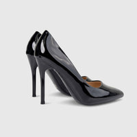 Bulbul Ladies Dress Court Shoe LU030 in black patent leather, featuring pointed toes and high stiletto heels, side view.