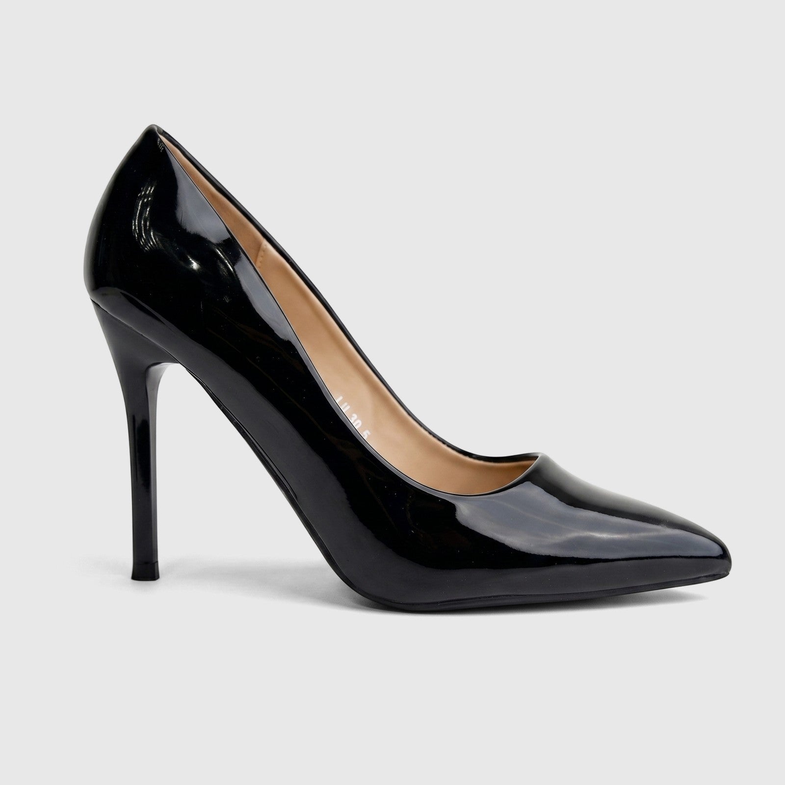 Bulbul Ladies Dress Court Shoe LU030 in black patent leather, featuring a sleek pointed toe and elegant stiletto heel.