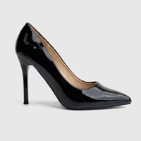 Bulbul Ladies Dress Court Shoe LU030 in black patent leather, featuring a sleek pointed toe and elegant stiletto heel.