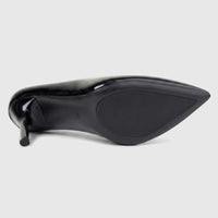 A black patent leather Bulbul Ladies Dress Court Shoe LU030, viewed from behind showing the sole, heel, and glossy finish.