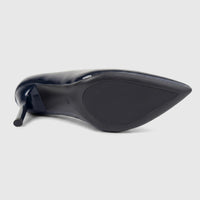 Navy blue patent leather high-heeled court shoe, model LU030, shown from a bottom view to highlight the sole.