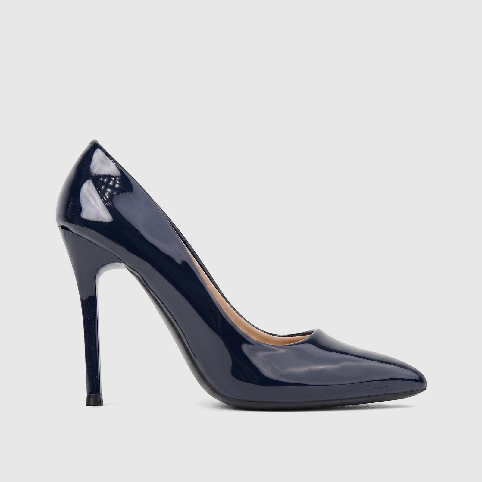 Navy patent leather Bulbul Ladies Dress Court Shoe LU030 with a stiletto heel and pointed toe, shown in a side profile.