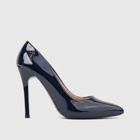 Navy patent leather Bulbul Ladies Dress Court Shoe LU030 with a stiletto heel and pointed toe, shown in a side profile.