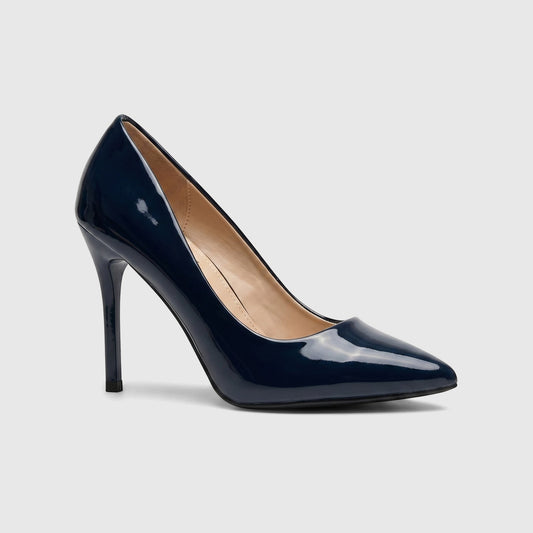 Bulbul Ladies Dress Court Shoe LU030 Navy, featuring a dark blue patent leather finish, pointed toe, and stiletto heel.