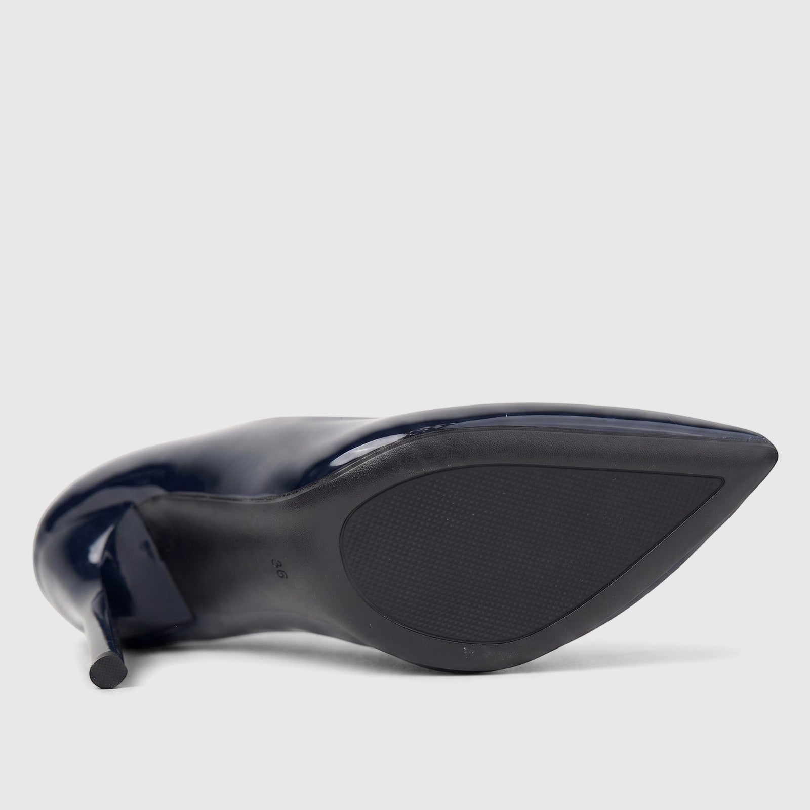 Dark blue patent leather Bulbul Ladies Dress Court Shoe LU030, featuring a pointed toe and high heel, viewed from an angled