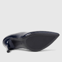 Dark blue patent leather Bulbul Ladies Dress Court Shoe LU030, featuring a pointed toe and high heel, viewed from an angled