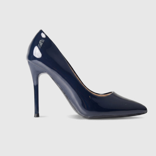 A shiny navy blue patent leather women's high heel dress court shoe, featuring a pointed toe and a stiletto heel, displayed