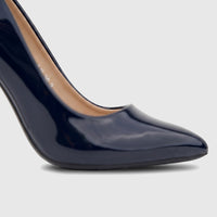 Bulbul Ladies Dress Court Shoe LU030 Navy. A close-up side view of a glossy navy patent leather high-heeled court shoe with
