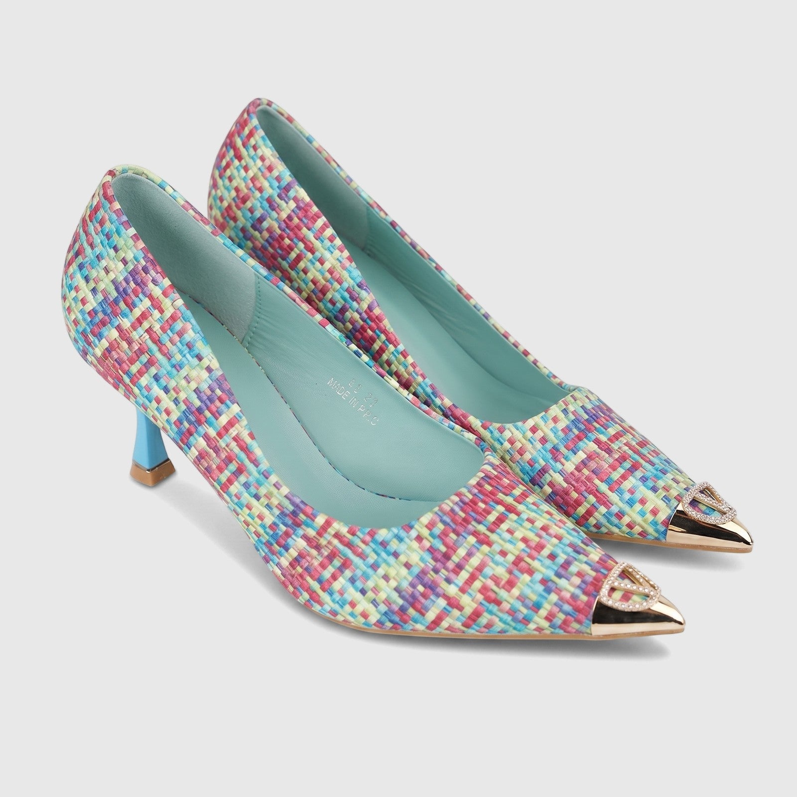 Pair of Bulbul Ladies Dress Court Shoe LU032 Blue, featuring a vibrant multi-color woven pattern, pointed toe with gold cap,