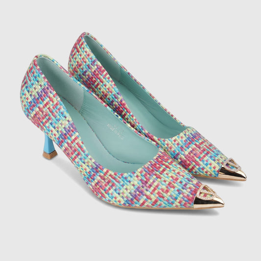 Bulbul Ladies Dress Court Shoe LU032 with a vibrant multi-colored woven upper, light blue stiletto heel, and gold pointed