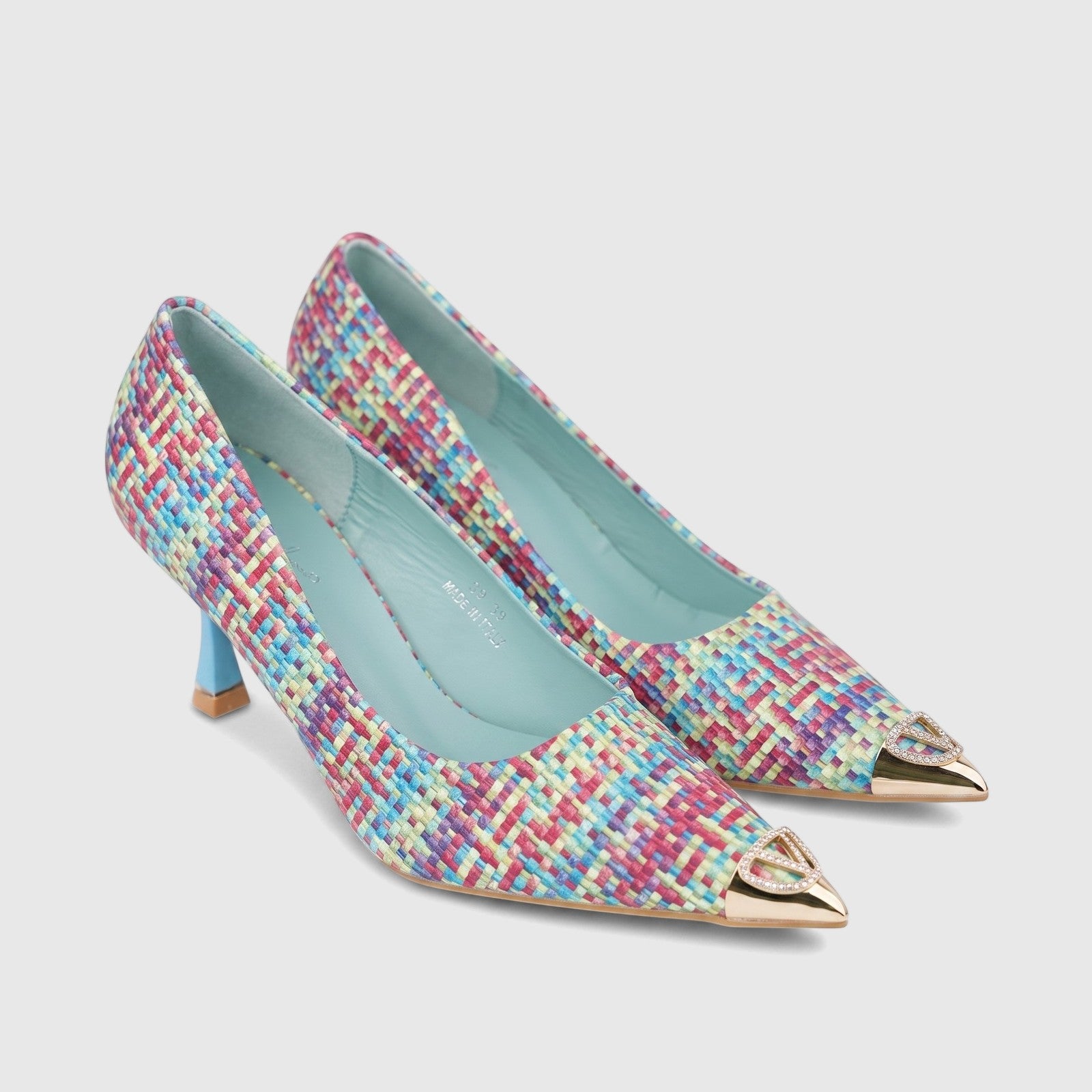 Bulbul Ladies Dress Court Shoe LU032 Blue with multi-color woven pattern, pointed toe, and embellished gold cap.