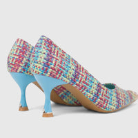 Bulbul Ladies Dress Court Shoes LU032 in blue, featuring a vibrant multicolored woven pattern and blue stiletto heels, seen