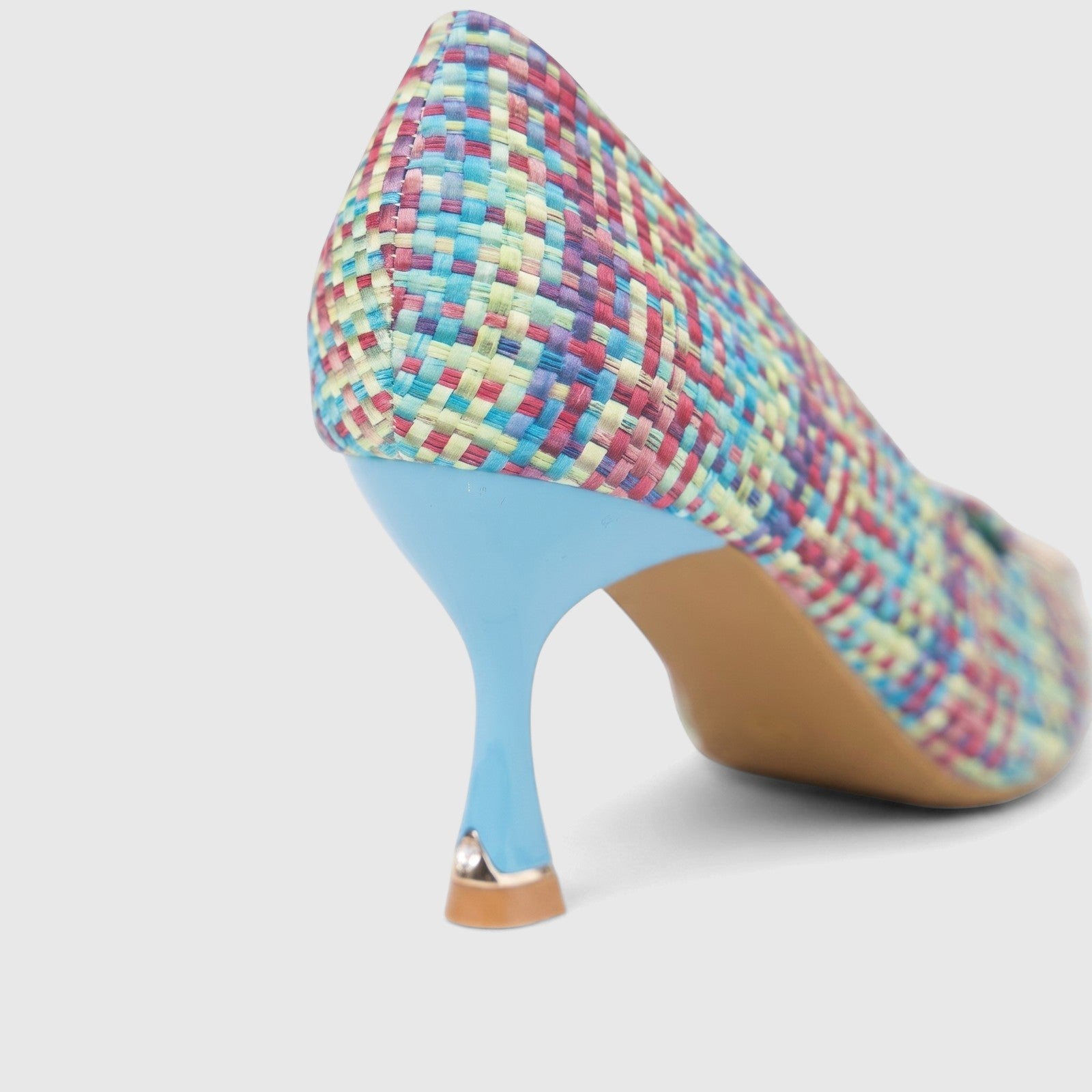 Back and side view of a Bulbul Ladies Dress Court Shoe LU032 featuring a vibrant multicolored woven upper and a distinctive