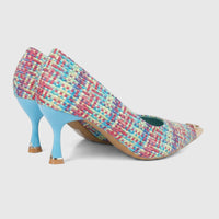 Bulbul Ladies Dress Court Shoe LU032 with a vibrant multi-color woven upper, pointed toe, and light blue stiletto heel.