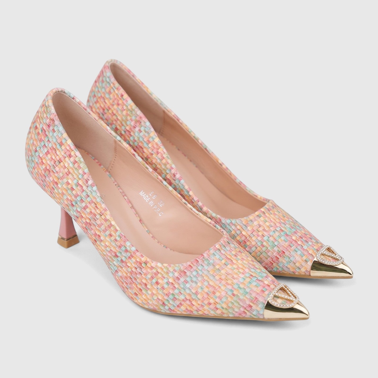 Pair of Bulbul Ladies Dress Court Shoes LU032 in multi-color woven fabric with pointed gold-capped toes and pink stiletto