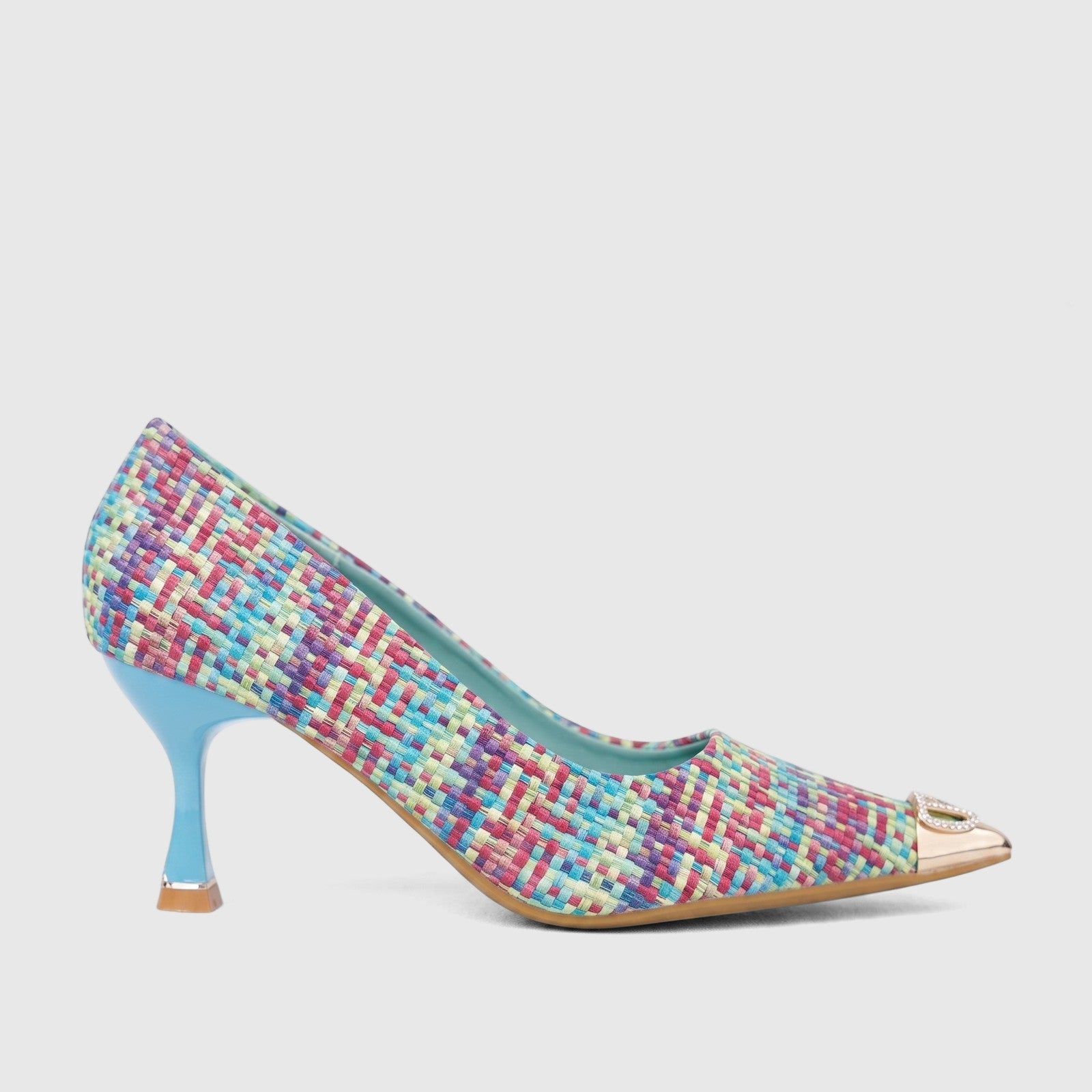 Bulbul Ladies Dress Court Shoe LU032 in a vibrant multi-color woven fabric with a blue heel and pointed toe.