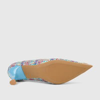 Bulbul Ladies Dress Court Shoe LU032 Blue with a vibrant multi-colored woven upper, elegant pointed toe, and light blue