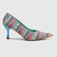 Bulbul Ladies Dress Court Shoe LU032 with a vibrant multi-colored woven upper, light blue stiletto heel, and gold pointed
