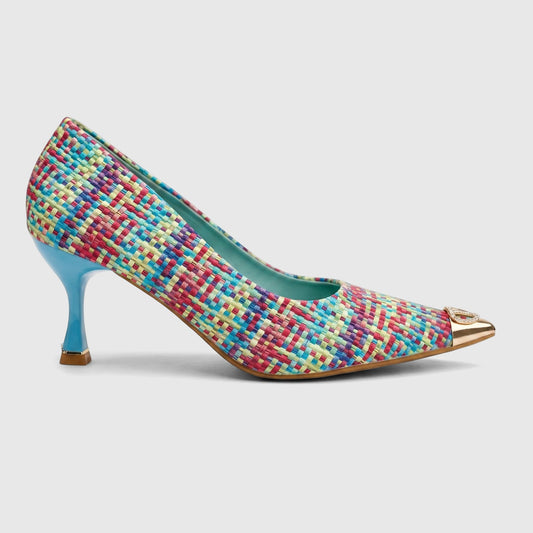 Bulbul Ladies Dress Court Shoe LU032 with a vibrant multi-colored woven upper, light blue stiletto heel, and gold pointed