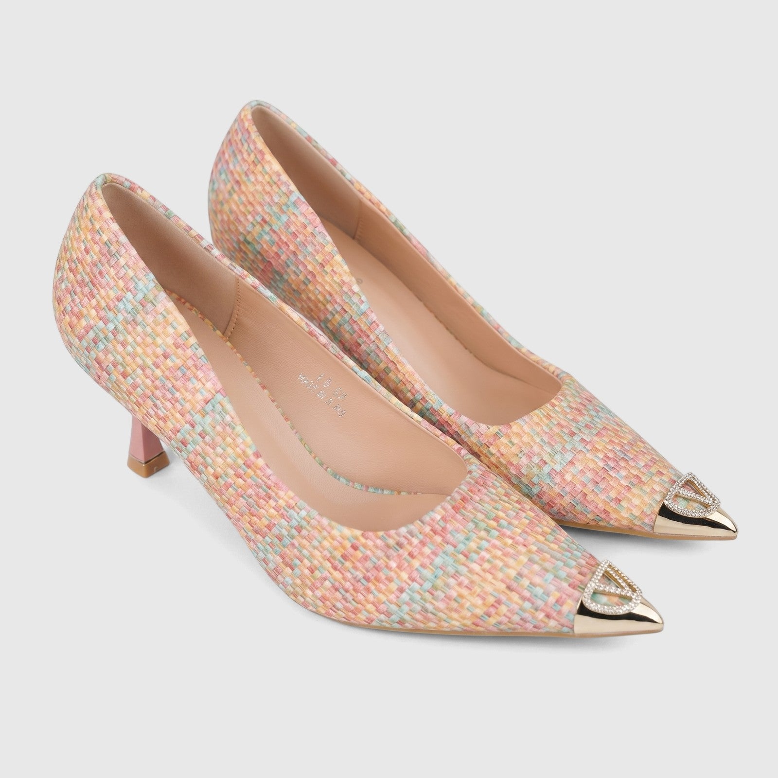 Bulbul Ladies Dress Court Shoe LU032 in a multicolored woven pattern, featuring pointed gold toe caps with rhinestone detail