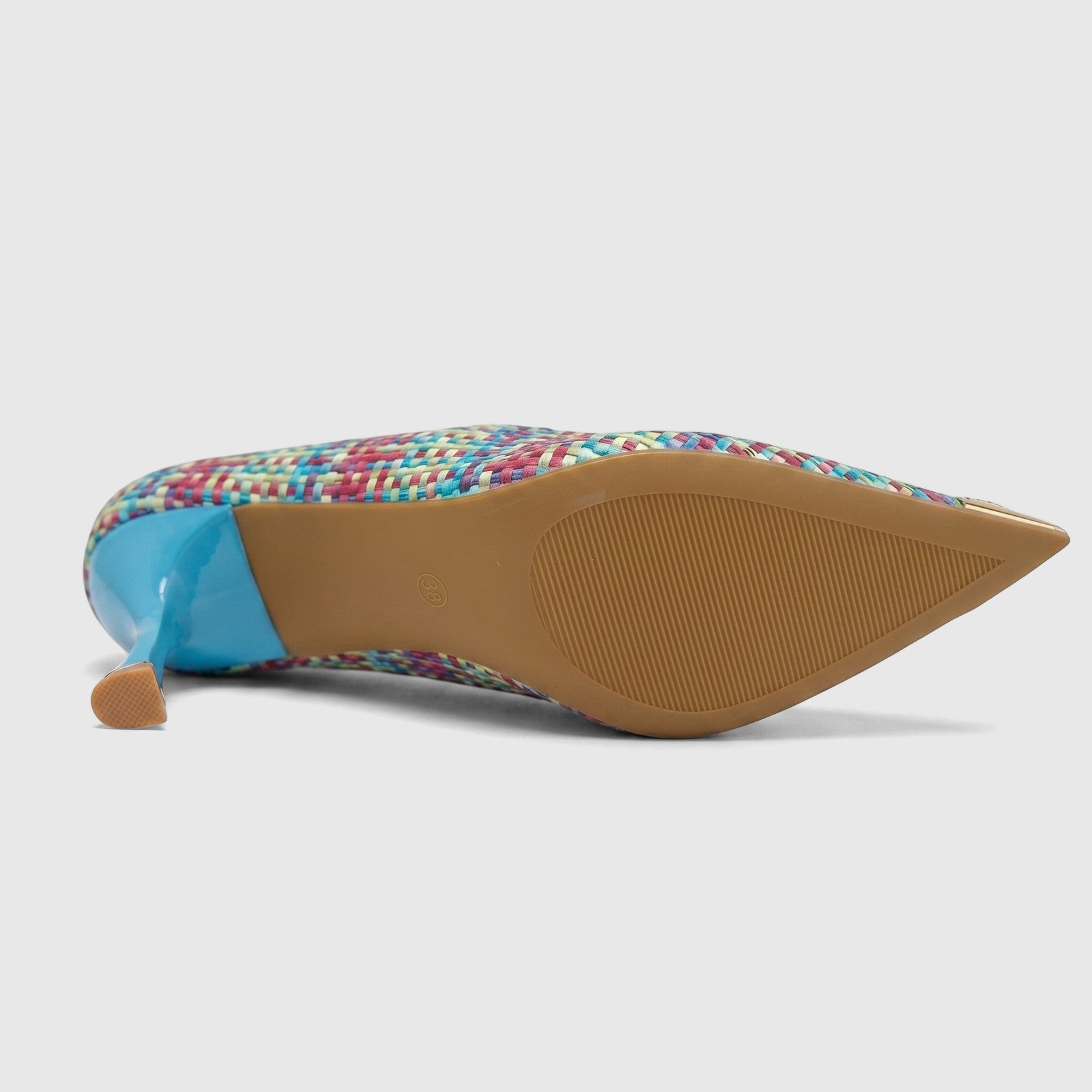 Bulbul Ladies Dress Court Shoe LU032 Blue with a multicolor woven upper, bright blue heel, and pointed toe, viewed from the