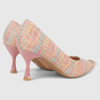 Pair of Bulbul Ladies Dress Court Shoes LU032 Pink, featuring multicolored woven uppers, pink sculpted heels, and pointed