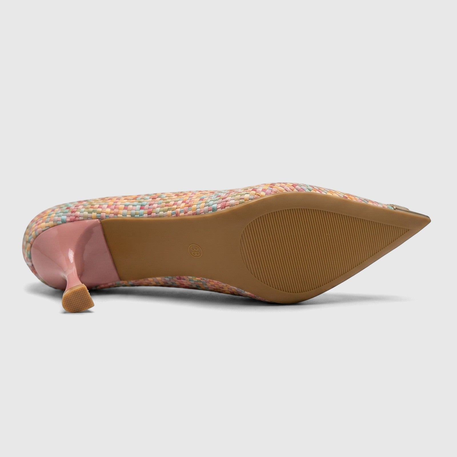 Bottom view of a Bulbul Ladies Dress Court Shoe in LU032 Pink, featuring a multicolored woven upper and a tan sole with size