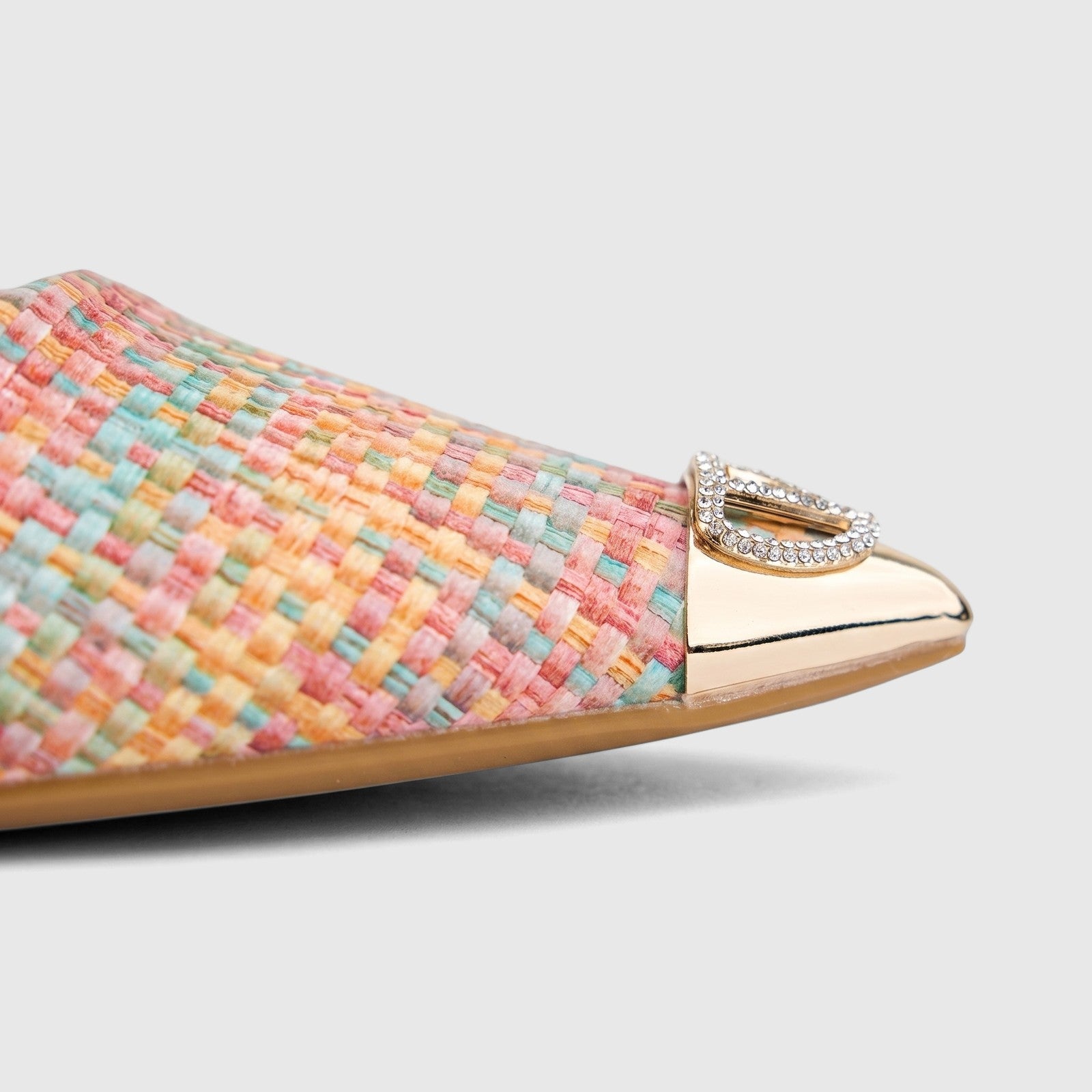Bulbul Ladies Dress Court Shoe LU032 Pink, featuring a multi-colored woven upper, gold metallic pointed toe, and sparkling