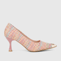 Bulbul Ladies Dress Court Shoe LU032 Pink. Multicolor woven upper, pointed toe with gold and rhinestone detail, and a pink