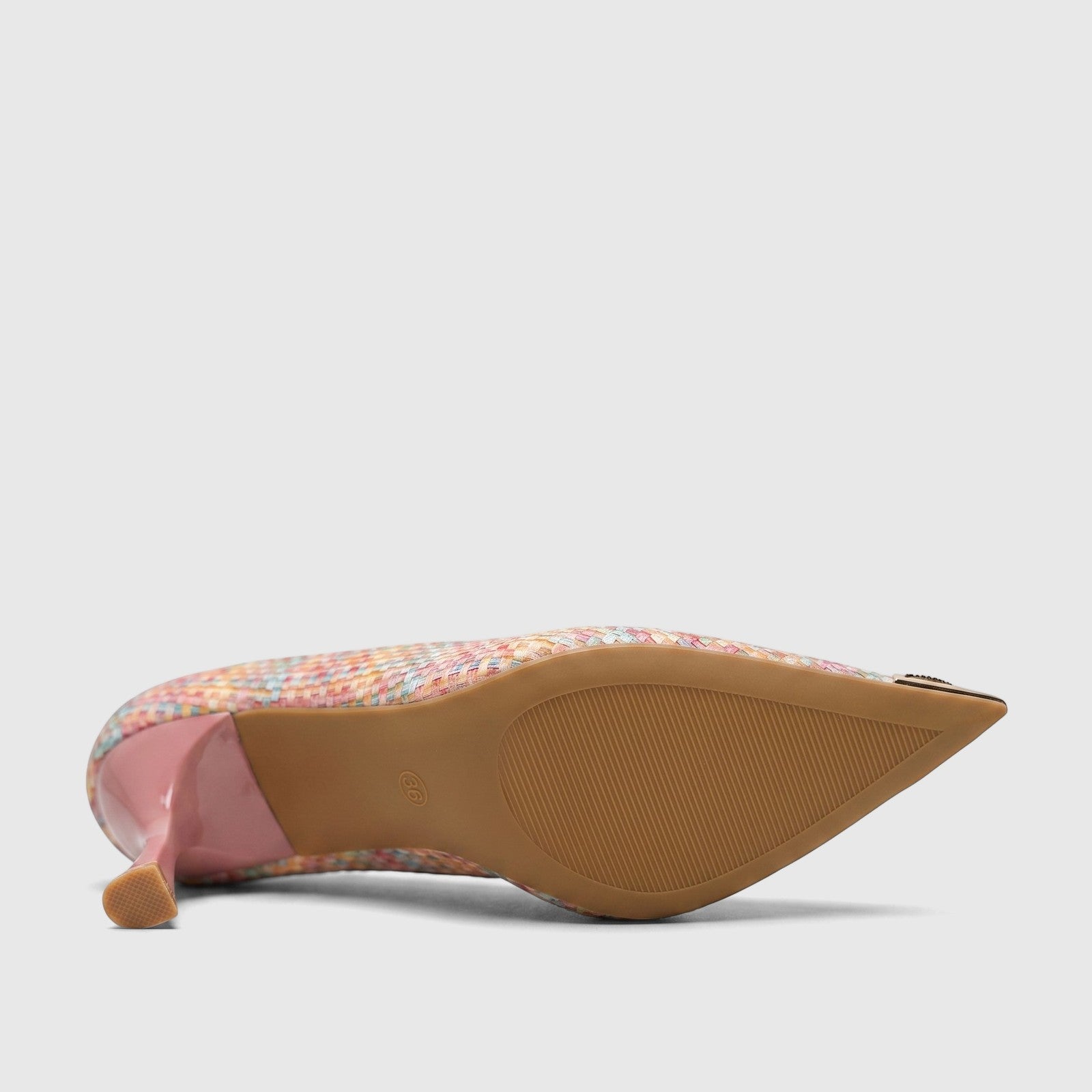 Bulbul Ladies Dress Court Shoe LU032 Pink with multicolored woven upper, pointed toe, and pink block heel, viewed from the