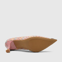 Bulbul Ladies Dress Court Shoe LU032 Pink with multicolored woven upper, pointed toe, and pink block heel, viewed from the