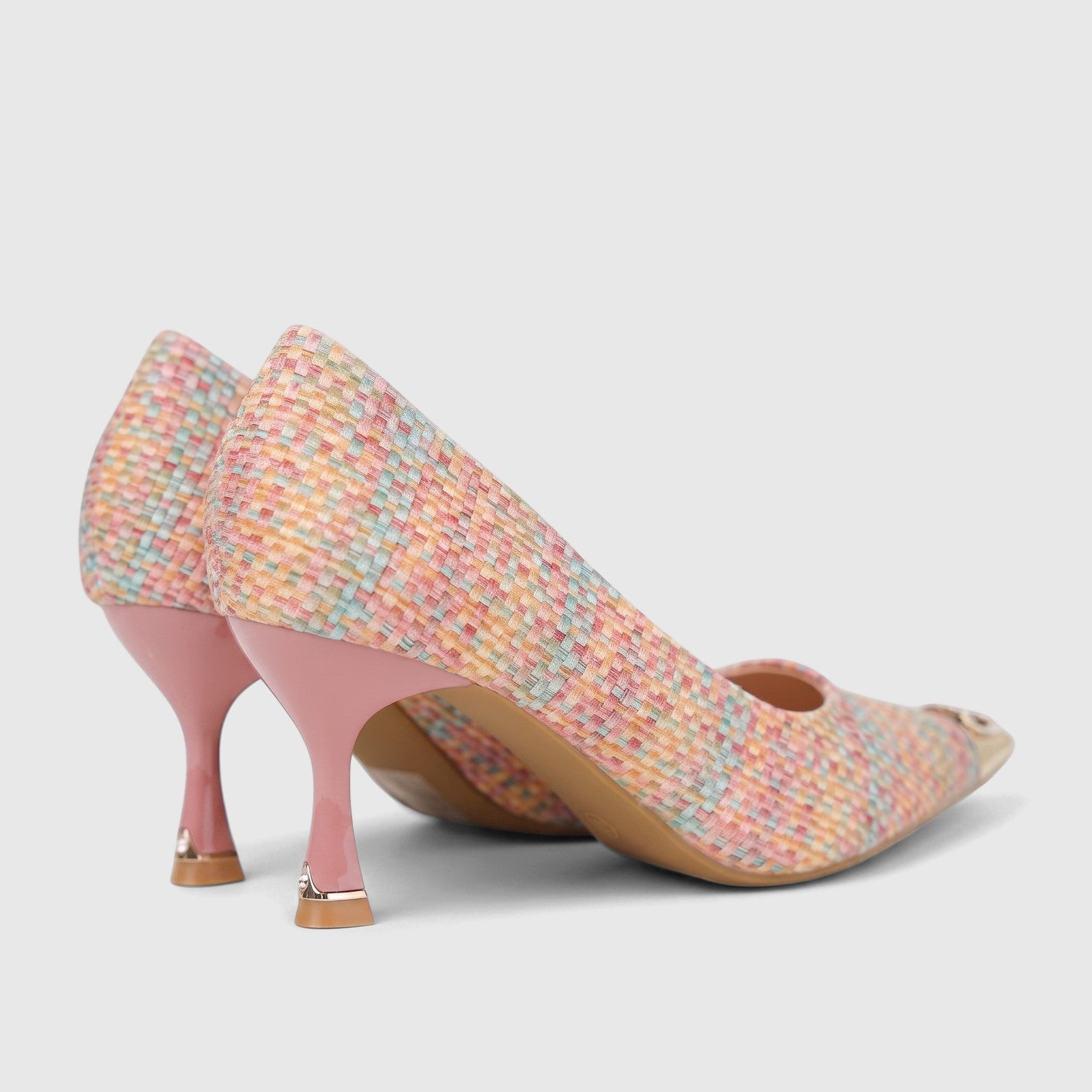 Bulbul Ladies Dress Court Shoe LU032 Pink with a multicolored woven upper and elegant pink kitten heels, viewed from behind.
