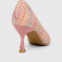 Bulbul Ladies Dress Court Shoe LU032 Pink with a multi-colored woven upper and a sculpted pink heel, viewed from the