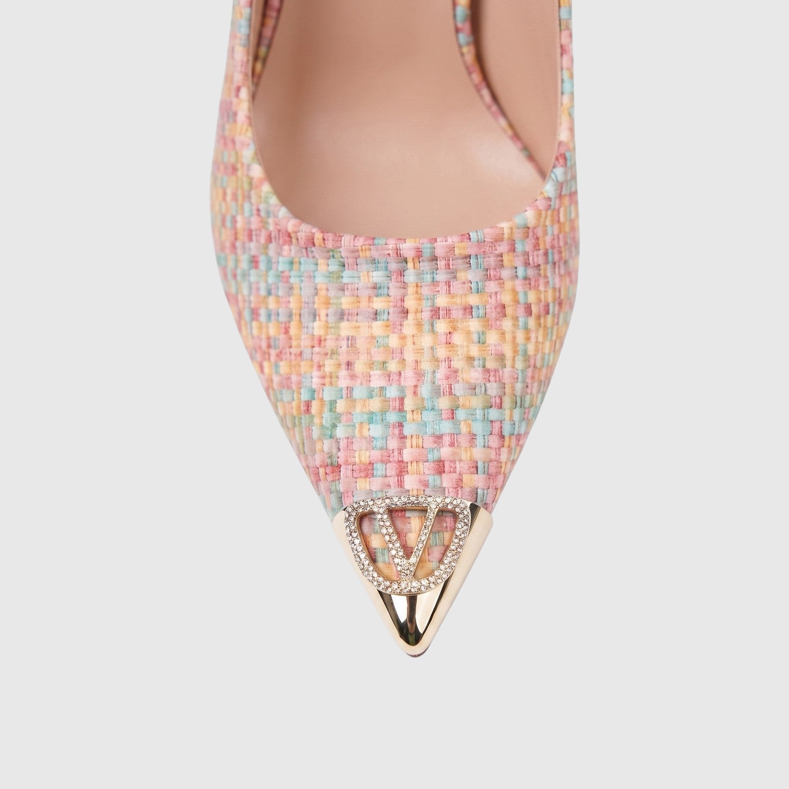 Bulbul Ladies Dress Court Shoe LU032 with a vibrant multicolor woven texture, pointed toe, and crystal-studded gold V emblem.