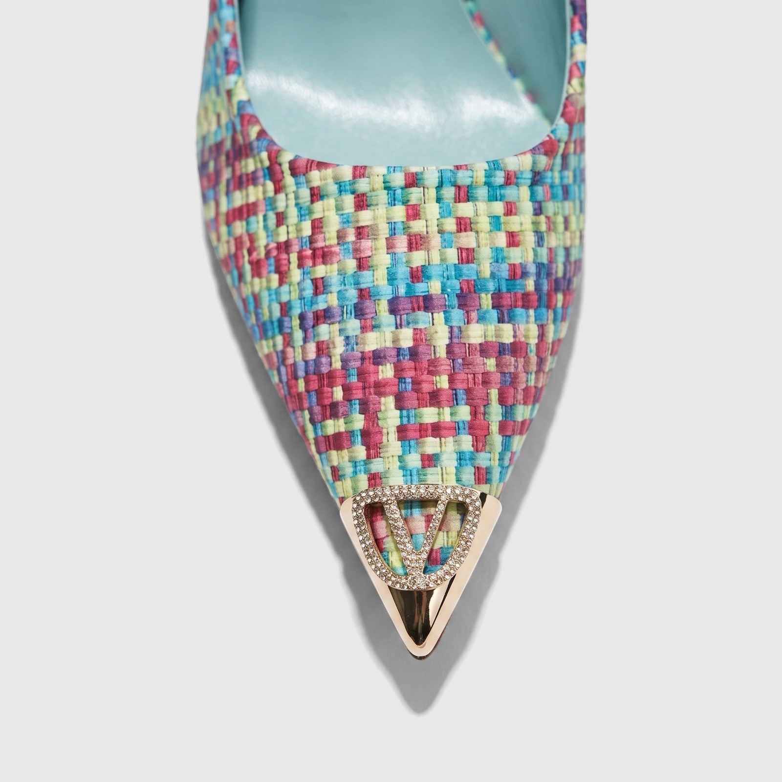 Bulbul Ladies Dress Court Shoe LU032 Blue with multicolor woven upper, pointed toe, and crystal 'V' logo.
