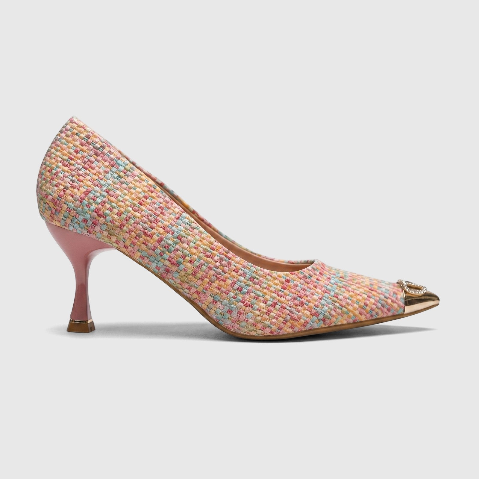 Bulbul Ladies Dress Court Shoe LU032 in a multicolored woven finish with a pink flared heel and gold pointed toe with