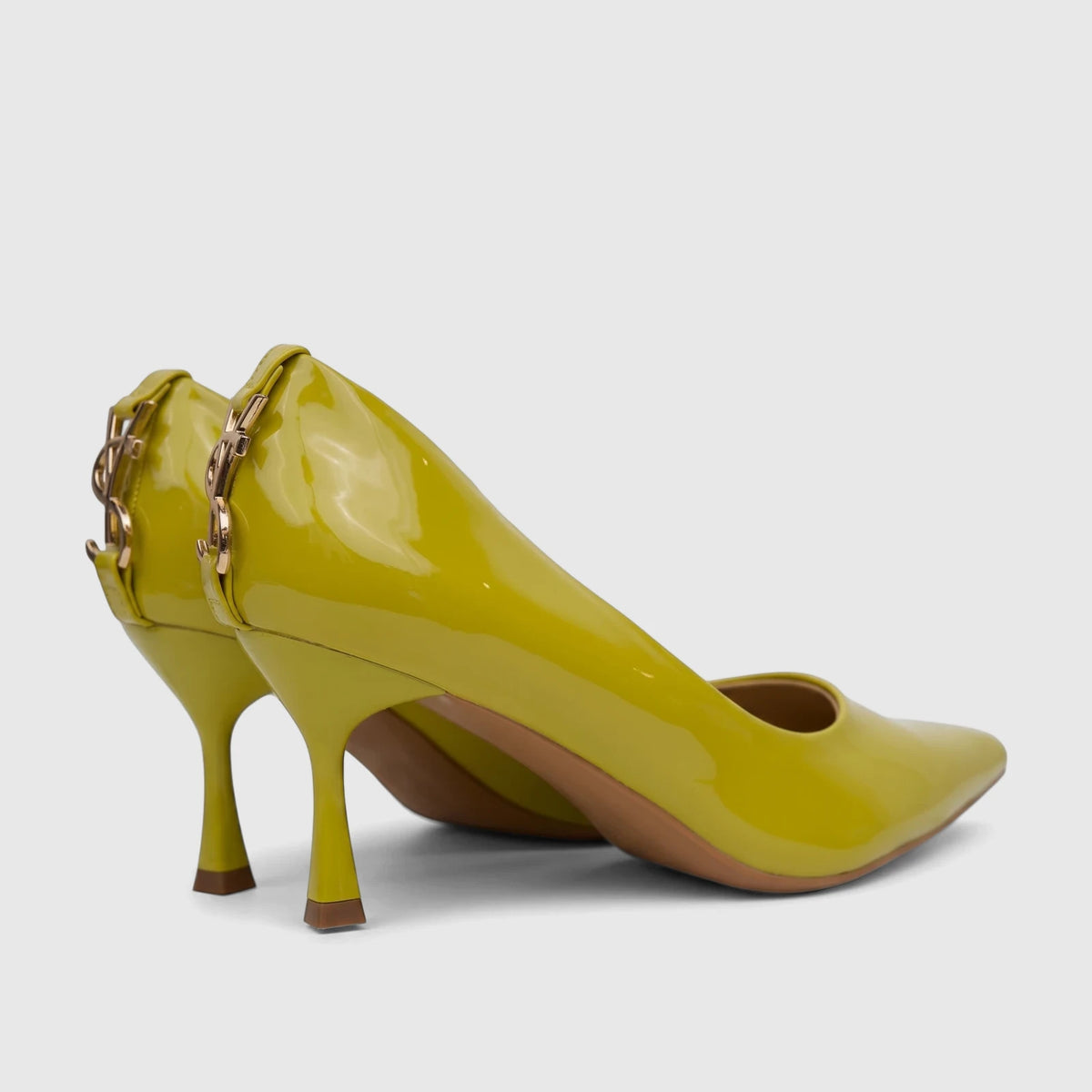 Mustard green patent leather Bulbul Ladies Dress Court Shoe with pointed toe, high flared heel, and subtle gold-tone