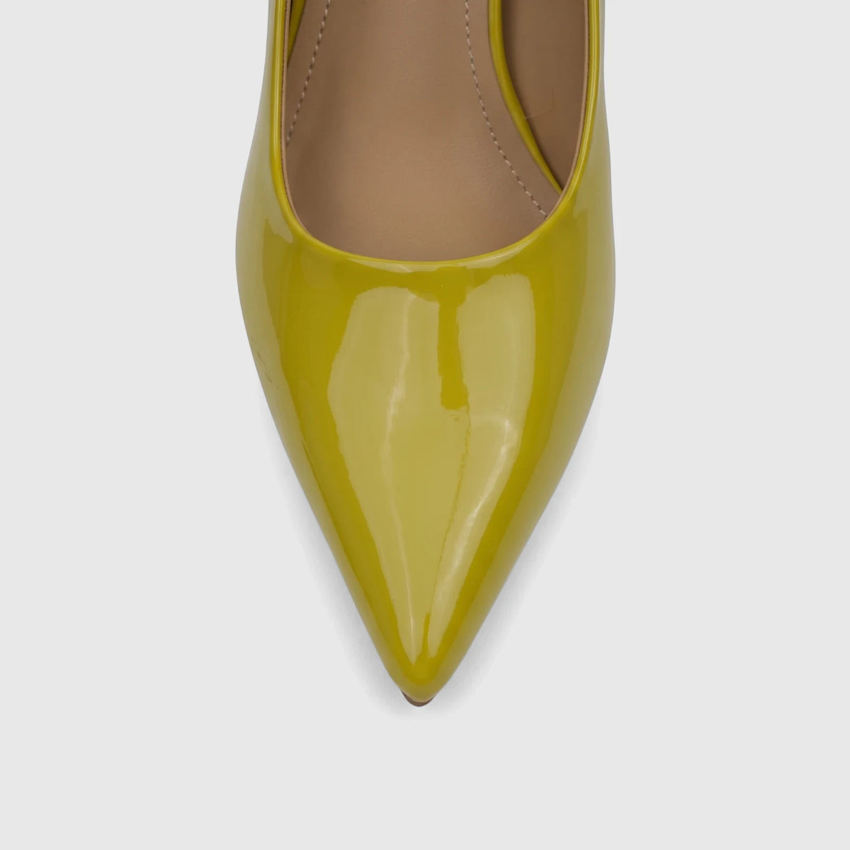 Bulbul Ladies Dress Court Shoe in a vibrant mustard green patent leather with a sleek pointed toe, perfect for formal