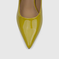 Bulbul Ladies Dress Court Shoe in a vibrant mustard green patent leather with a sleek pointed toe, perfect for formal