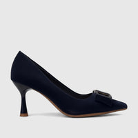 Navy blue Bulbul Ladies Dress Court Shoe with a pointed toe, distinctive flared heel, and an elegant rectangular buckle