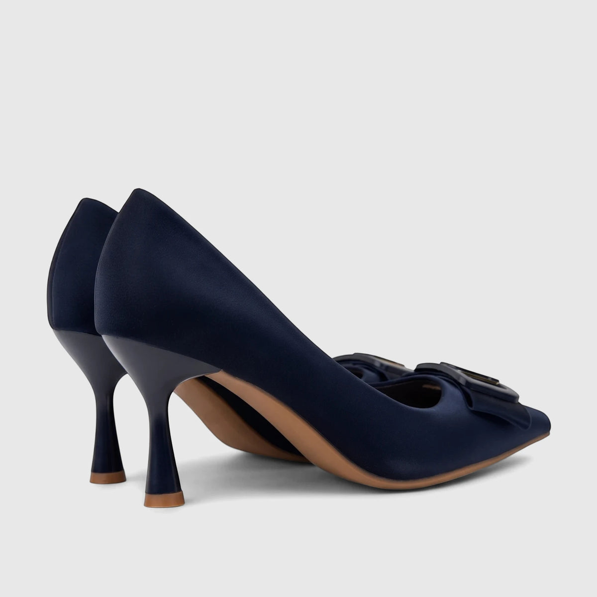 Pair of Bulbul Ladies Dress Court Shoes in navy satin, featuring pointed toes, flared heels, and decorative buckles. Side