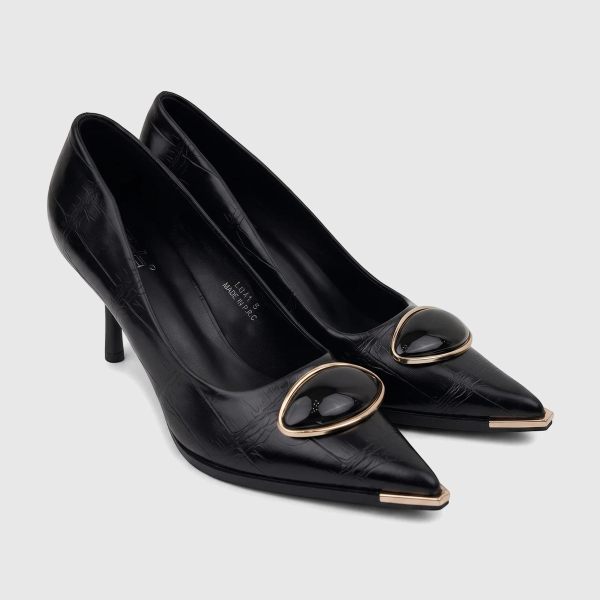 Pair of black crocodile-embossed Bulbul Ladies Dress Court Shoes with pointed gold-tone toe caps and oval buckles.