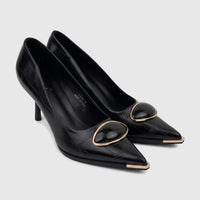 Pair of black crocodile-embossed Bulbul Ladies Dress Court Shoes with pointed gold-tone toe caps and oval buckles.