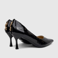 Black patent leather Bulbul Ladies Dress Court Shoes with pointed toes, stiletto heels, and gold-toned YSL logo on the back.
