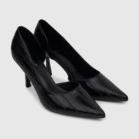 A pair of black Bulbul Ladies Dress Open Waist Court Shoes with pointed toes and high heels, showcasing a glossy, textured