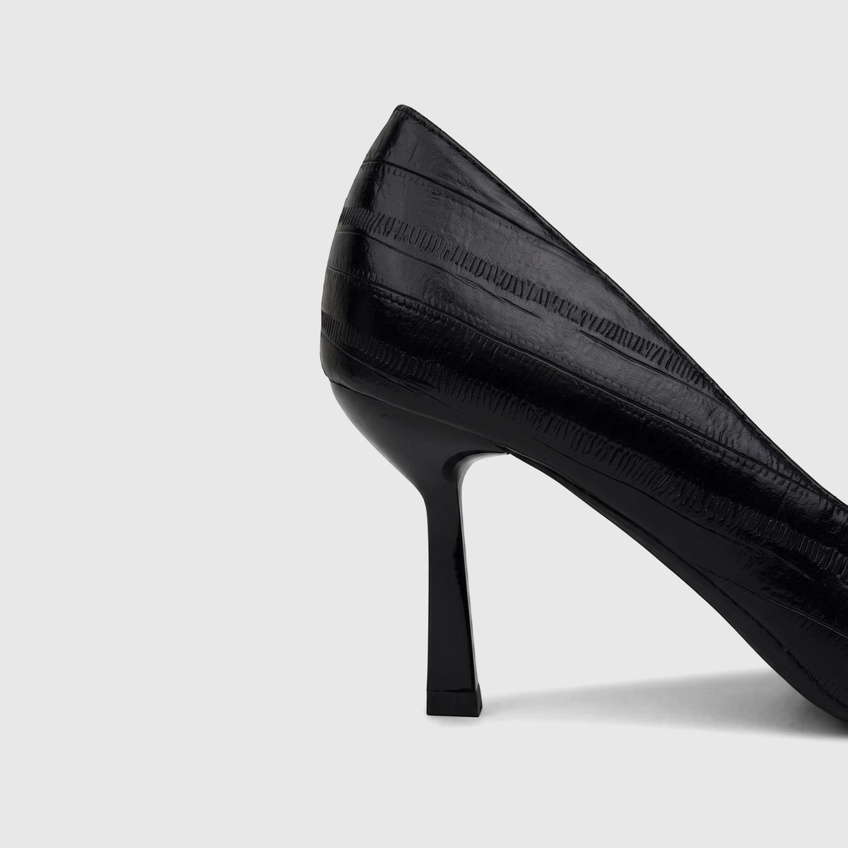Bulbul Ladies Dress Open Waist Court Shoe in black with high heels, viewed from the side showcasing its sleek design.
