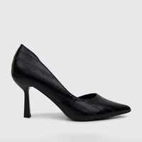 Black ladies dress court shoe with a pointed toe and structured block heel, featuring a subtle striped texture, shown in