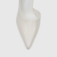 Cream Bulbul Ladies Dress Open Waist Court Shoe featuring a pointed toe and a subtle textured pattern, shown from the front.